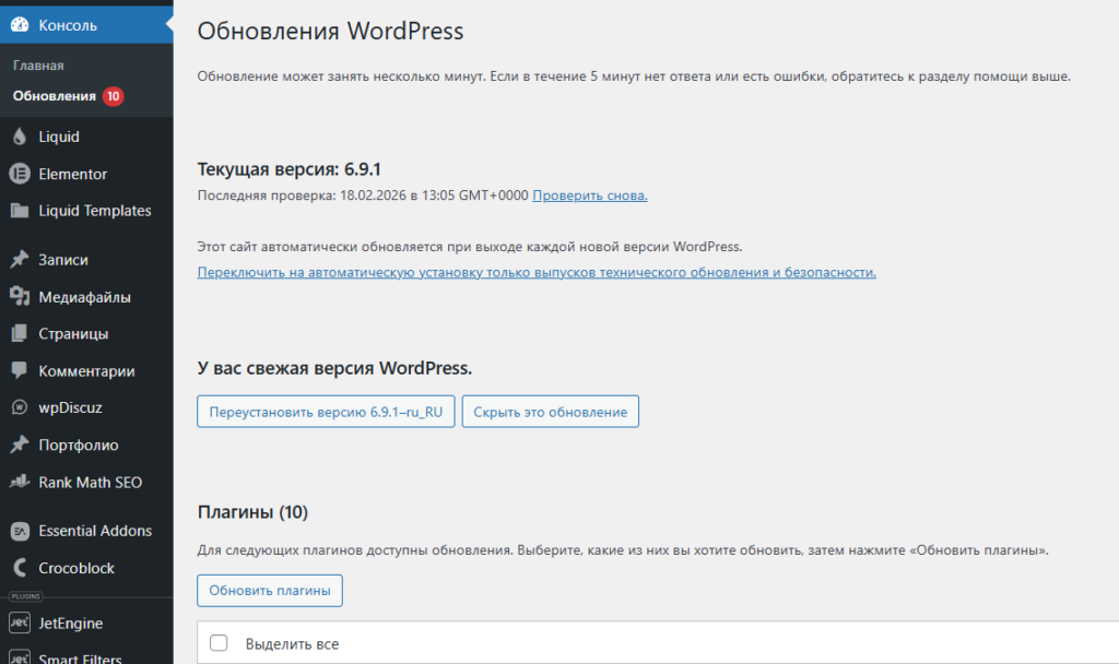 Раздел обновлений WordPress