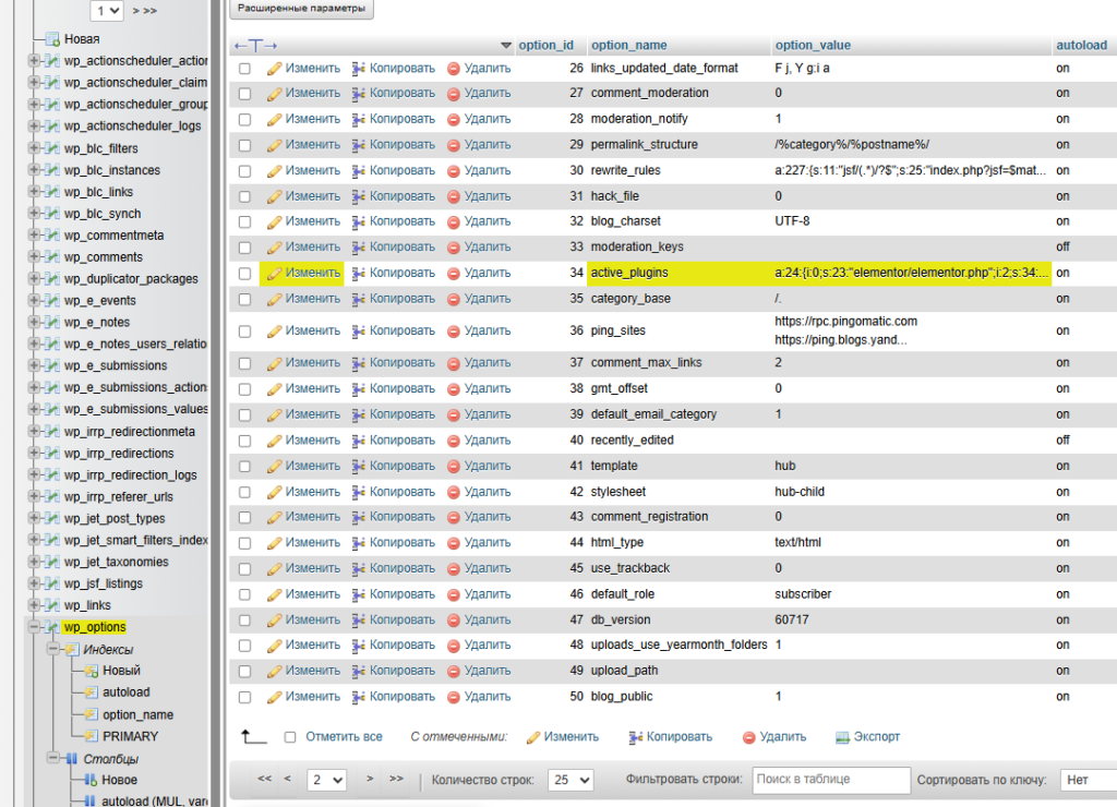 Отключение всех плагинов WordPress через active_plugins в wp_options