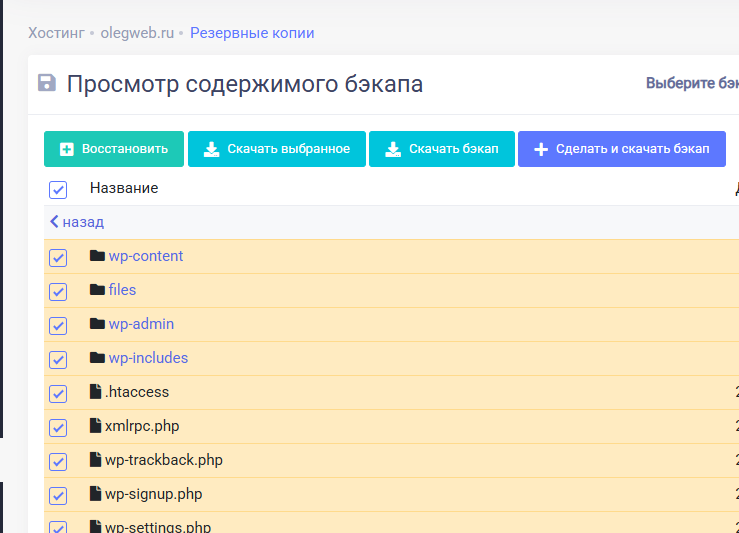 Резервные копии сайта на хостинге